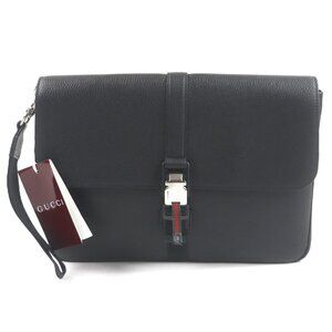 GUCCI Web Stripe Leather Flap Business Case Clutch Bag Black